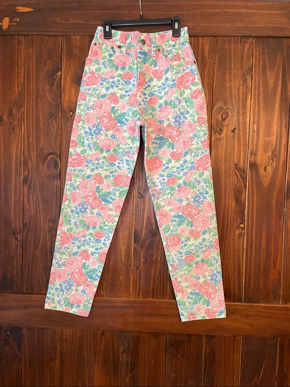 Vintage 1990s Big Ace Floral Print High Rise Skinny Jeans in Pink, Blue, & Green